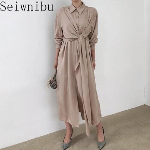 Korean fashion new black brown high waist autumn elegant 2020 turn-down collar pleated slimming dress for women