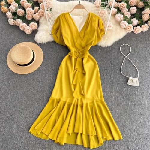 Women Fishtail Party Dress Summer Fashion V Neck Evening Dresses Sexy Ladie Midi Vestidos Female Robe Sundress Woman Clothing