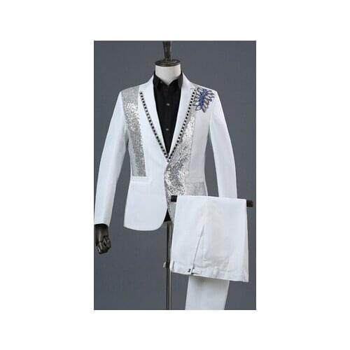 100%real mens black/white beading performance jacket/party/dance/sing/bar/reception/stage performance/jacket &pants