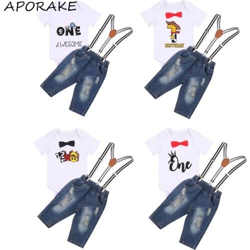 2021 0-24M Casual Infant Baby Boy Clothing Gentleman Bow Tie Cartoon ONE Print Short Sleeve Romper+Belt Holes Denim Pants 2pcs