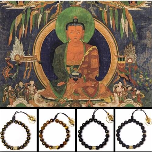 Buddha Seal Buddha Head Charm natural stone round bead bracelets Tiger eye Lava stone Black Onyx Adjustable Rope length bracelet