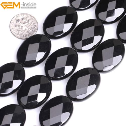 Gem-inside 18X25mm 13x18mm 15inch Natural Faceted Flat Oval Black Agates Beads For Jewelry Making Bracelet Necklace DIY Beads