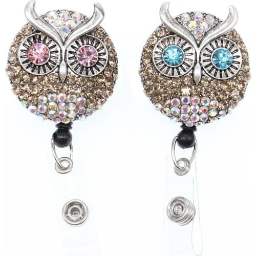 Rhinestone Animal Owl Shap Pink And Blue Eyes ID Badge Holder Use For Student Card