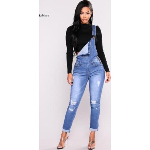 Women Overalls Straps Jeans Female Basic Classic Pencil Blue Denim Pants Ripped Hole Stretch Rompers Jumpsuit Jeans