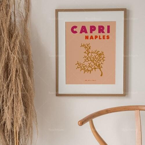 Capri Italy travel posters, graphic design prints, colorful wandering typography posters, blush rose posters, summer travel prin
