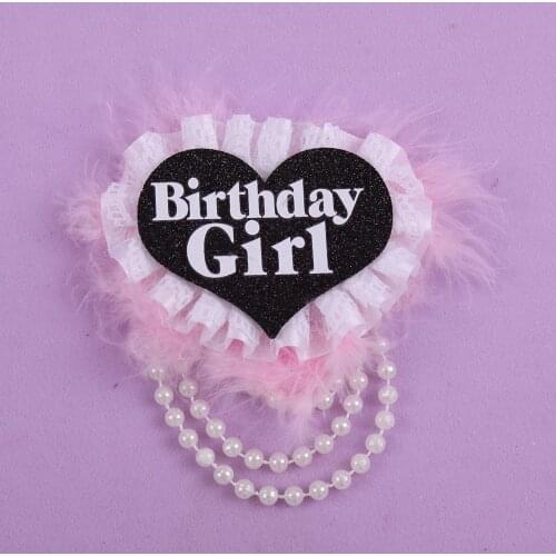 3pcs Birthday girl badge Pearl decoration princess birthday party feather decoration 5 colors white black lace sweet hot pink