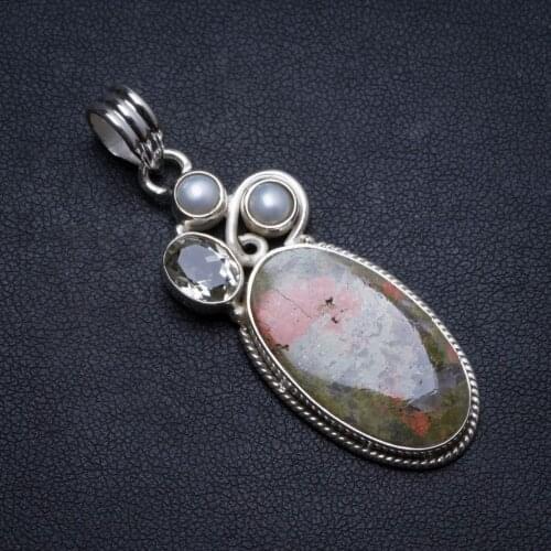 Natural Green Unakite,Green Amethyst and River Pearl Handmade Unique 925 Sterling Silver Pendant 2" X1499