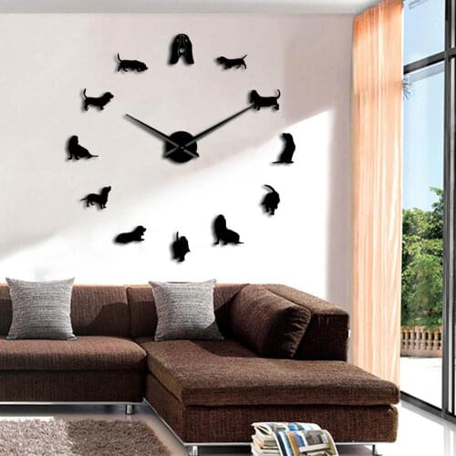 Pet Shop Dog Breed Big Clock Basset Hound Wall Decoration DIY Large Wall Clock Saat Clock Sticker Reloj De Pared 3D Decor