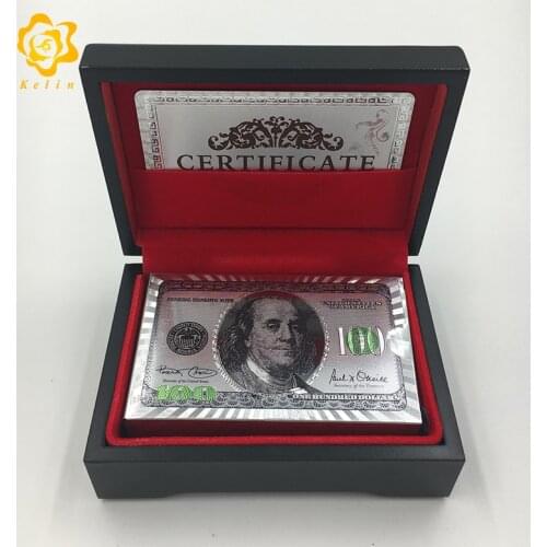 PET material Gold or Silver Plated Plastic Poker Cards 100 USD Banknote designed playing cards with wooden box select