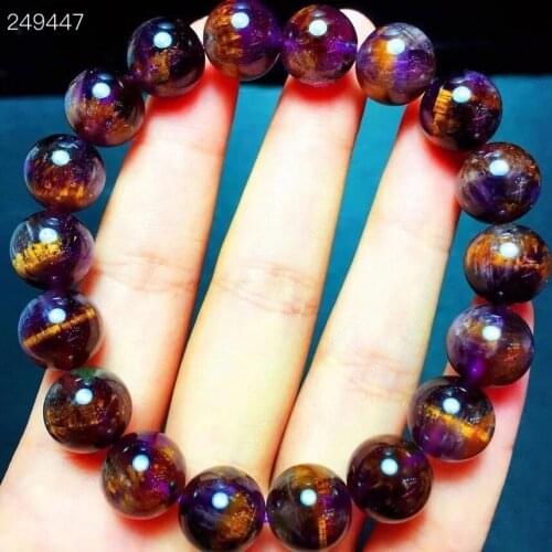 Natural Purple Cacoxenite Gold Rutilated Quartz Bracelet 11.5mm Cat Eye Women Men Clear Round Beads Genuine AAAAAA