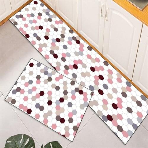 Pink White Gray Geometric Plaid Non-slip Mat For Kitchen Floor Flannel Washable Rug Entrance Hall Cute Long Bedroom Mat Area Rug