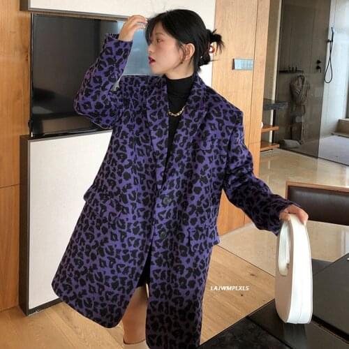 2021 New Streetwear Purple Leopard Print Loose Coat Lady Notched Jacket Blazer Female hip hop Outerwear Chic High Street