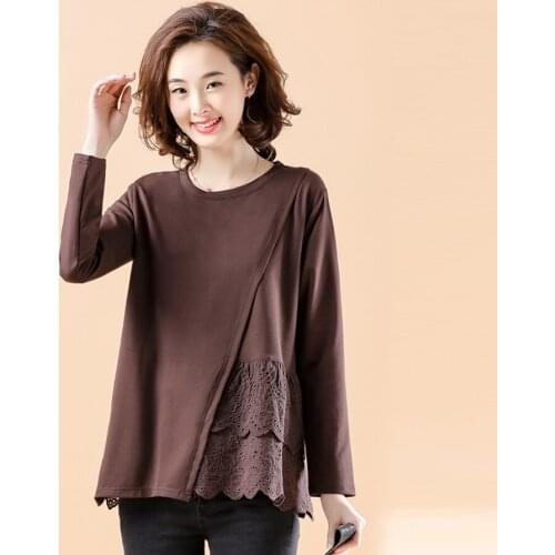 Autumn Casual Women Black Full Sleeve Hollow Out Patchwork Loose Cotton T Shirt , Female Tee Shirts , 5xl Woman Ruffle Tshirt