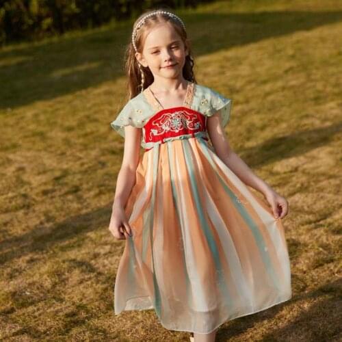 Chinese Style Dress For Girls Traditional Floral Embroidery Design Long Gowns Kids Party Show Dresses Clothes For Children