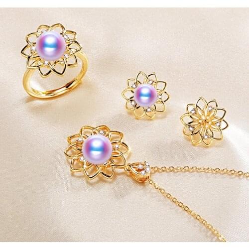 Flower Pendant Earrings Ring Set Mountings Findings Settings Jewelry Set Parts Fittings Charm Accessories for Lady Girls Pearls