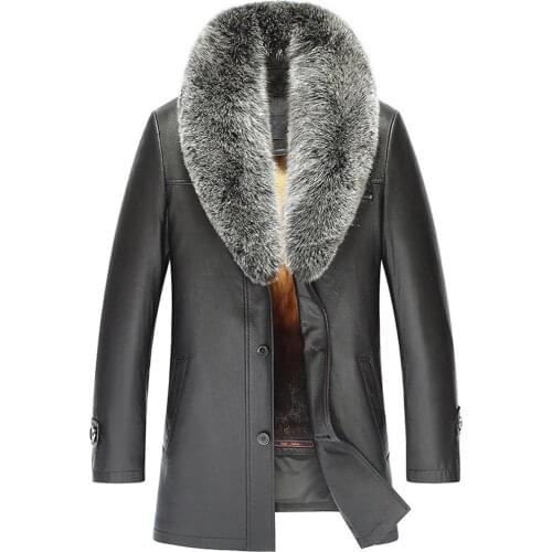 New Mens Mink Fur Coat Removable Imported Natural Supple Fox Collar Black Leather Jacket Lambskin Outerwear Tj19