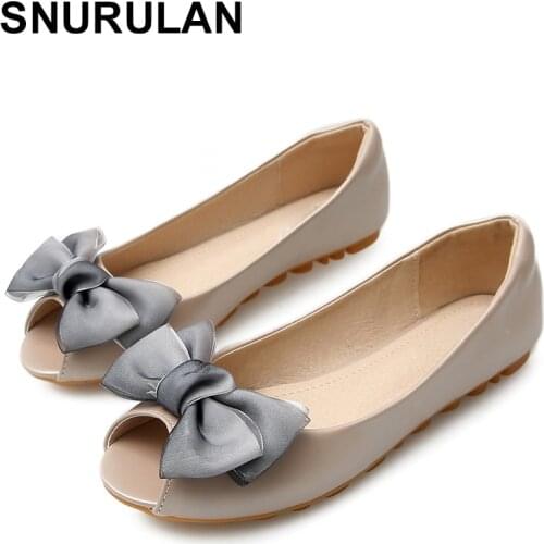 SNURULAN Hot Sale Fashion Women Flat Shoes Open Toe Flat Shoes Comfortable Faux Leather Bowknot Shoes