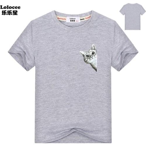 Boys Funny Peeking Cat T-shirt Kids Girl Short Sleeve T shirt For Children Clothes Funny Looking Outside Cat Cotton Top Tee