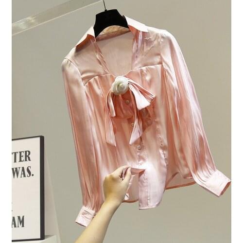 Women White Blouse French Retro Bow Brooch Elegant Mercerized Silk Fabrics Sexy Shirt 2020 Female New Pink Blouses Slim-Fit Top