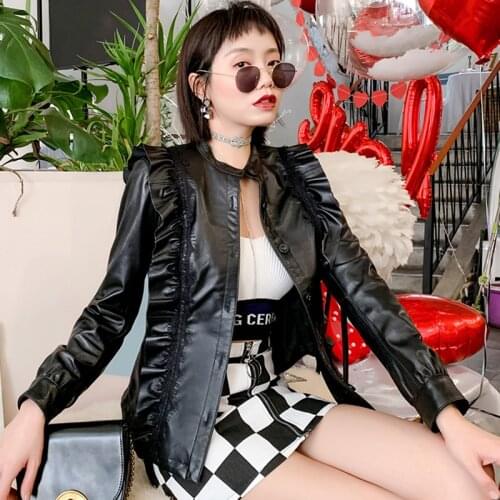 2020 Office Lady Elegant Ruffles Genuine Jackets Women Black Slim Luxury Sheepskin Real Leather Jacket Coats Streetwear