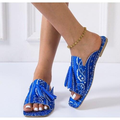 Women Summer Outdoor Open Toe Retro Totem Mule Sandals With Fringe Deco and Hand Stitching Craft