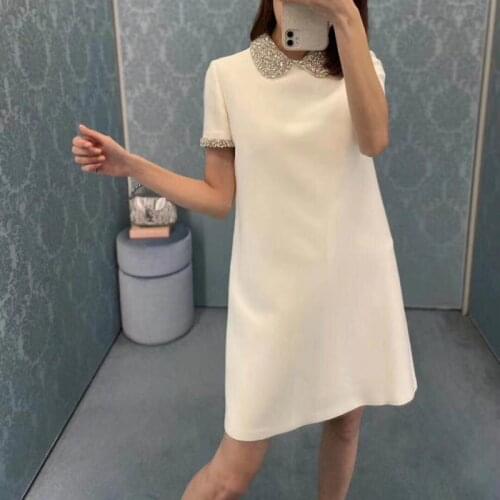 Brand Design Women Luxury Diamond Elegant A-Line Beaded Collar Black White Mini Dress 2020 Autumn Short Sleeve Party Clothes