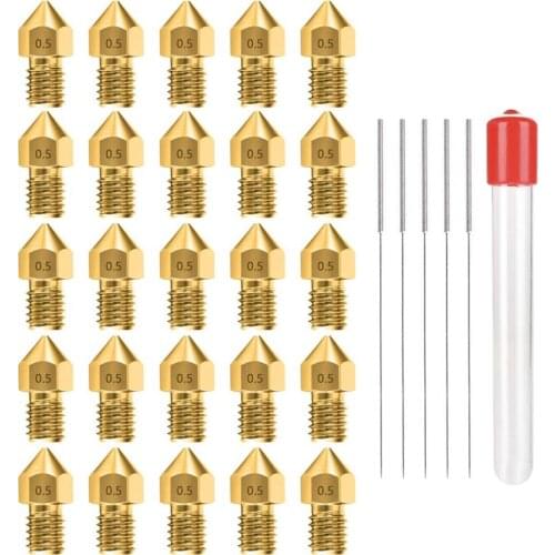 0.5MM MK8 Terminal 3 End Nozzles 25 3D Printer Brass Nozzle Extruder with 5 Cleaning Needles and Plastic Container