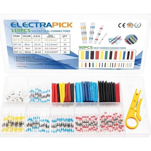 Electrapick 110pcs Heat Shrinkable Tube Wire Cable Connector Soldered Connector + 90 Heat Shrink Tubing w/ Mini Stripping Knife