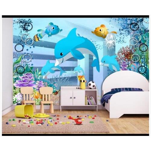 3D wall murals wallpaper custom picture mural wall paper 3D cartoon children room dolphin underwater world children room decor