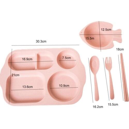 5Pcs/Set Baby Plate Wheat Straw Tray Children Kids Fruits Feeding Pratos Spoon