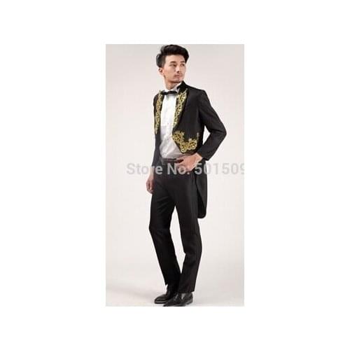 Free shipping mens stage swallowtail jacket tuxedo jacket black embroidery golden suit jacket