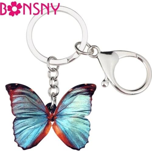 Bonsny Acrylic Fashion Grey Blue Butterfly Key Chains Keychain Ring Insect Animal Jewelry For Women Girl Bag Purse Charms Gift