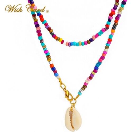 Wish Card Bohemia Shell Pendant Necklace Double Layers Colorful Miyuki Beads Long Chain Statement Necklace Collier Bijoux EY6556
