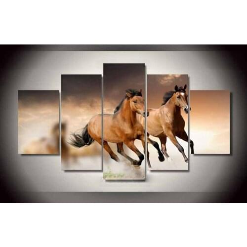 Canvas Wall Art Pictures Frame Kitchen Restaurant Decor 5 Pieces Brown Galloping Horses Living Room HD Printed Poster Painting