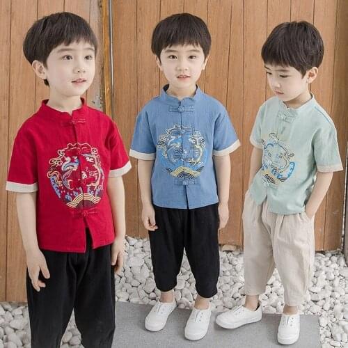 3Colors Chinese Boys Coutumes Sets Traditional Clothes Tang Suit Baby Cotton Tops Coat Short Sleeve Shirts Loose Hanfu Pants