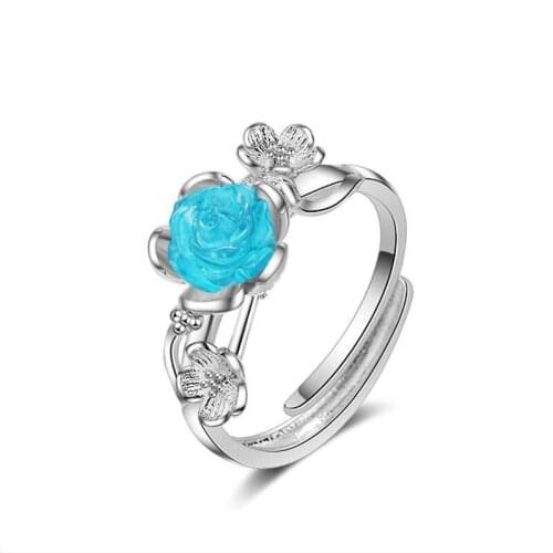 KOFSAC New Fashion Pure Silver 925 Ring Elegant Blue Enchantress Rose Flower Rings For Women Girl Jewelry Valentines Day Gifts