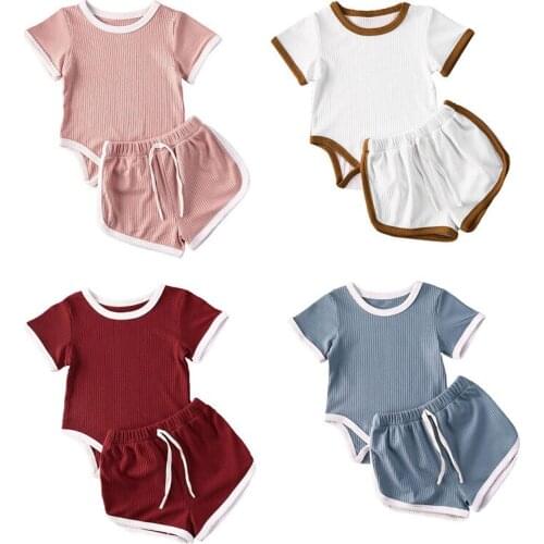 0-24M Toddler Baby Girls Boys Clothes Sets Solid Short Sleeve Romper Tops+Shorts 2pcs 4 Colors