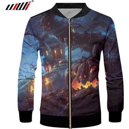 UJWI Halloween Forest Terror Castle Ghost Mens Zip Jacket 3D Printed Big Mouth Funny Flame Pumpkin Man Large Size Coat 6XL