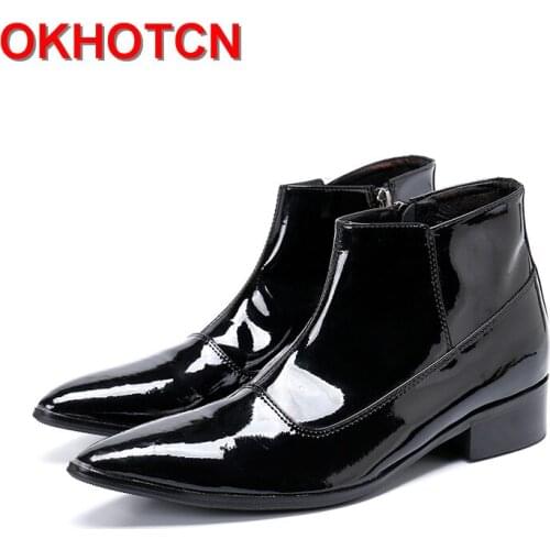Black Russian Leather Boots Men Pointed Toe Patent Leather Shoes Low Heel Zipper Botas Hombre Plus Size 37-47 MenS Ankle Boots