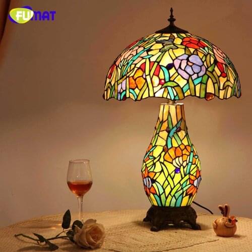 FUMAT European Tiffany Flat Living Room Table Lamp LED Creative Vintage Garden Stained Glass Table Lights Art Glass Table Light
