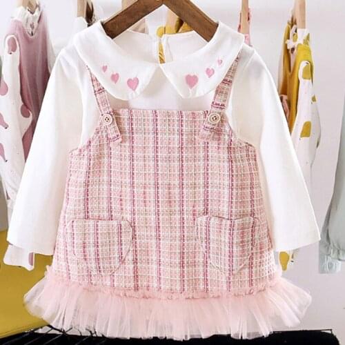 2021 New Cute Baby Girl Dress Spring Autumn Baby Clothes Sets Heart Print Lapel Top + Strap Dress 2Pcs Newborn Kids Clothing