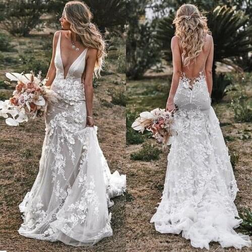 YIWUMENSA Vintage Mermaid Wedding Dresses 2021 Sexy Deep V Neck Backless Trumpt 3D Flowers Appliques Bridal Gowns Plus Size