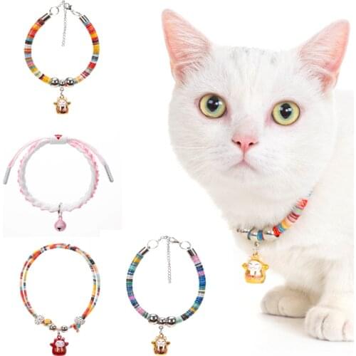 Handmade Adjustable Pets Cat Collars Japanese Style Cotton Soft Puppy Cats Necklace with Bell Cute Printed Doggy Collar Pet Gift