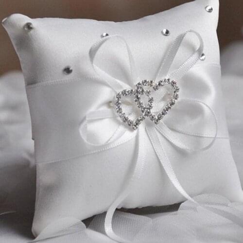 10x10cm European Romantic Bridal Wedding Ring Pillow Double Heart White Blue Handmade Ribbon Cushion Decor for wedding, ceremony