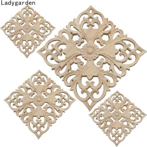 2PCS 10-24CM Carved Unpainted Ornamental Wood Applique Statues Mouldings Onlay Wooden Decal Sculptures Cabinet Furniture Decor