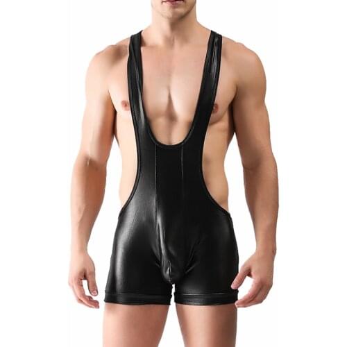 Sexy Men Bodysuits PU Leather Jumpsuit Glossy Wrestling Singlet Undershirt Shorts Suspender Teddies Underwear One-Piece Clubwear
