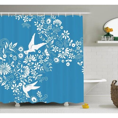 Blue Shower Curtain Ornamental Blooming Flowers on Branches with Flying Dove Birds Asian Chinese Design Home Decor Bath Curtains
