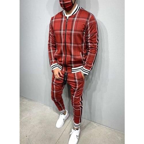 2021 Gentlemen Tracksuit Men Fashion Sporting Suit Men Sets Brand Plaid Zipper Sweatshirt+Sweatpants Mens Clothing 2 Pieces Sets