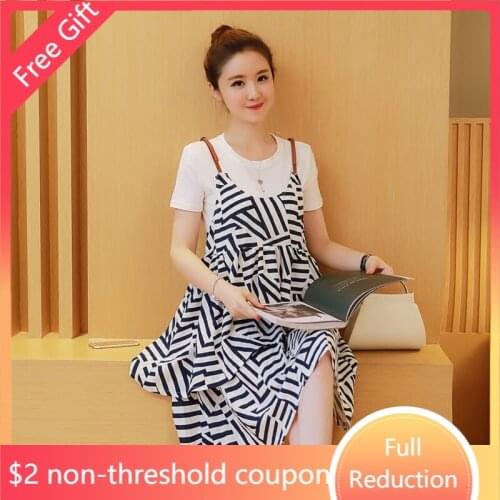 Top + Sling Sets Suspenders Dress Maternity Clothes For Pregnant Women Casual Geometric Pattern Pregnancy Dress Gravida Clothing