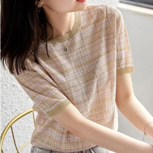 Plaid Short-sleeved Knitted Top Girl 2021 Vetement Femme Elegant Casual Shirts Knitted Fabric Dropshipping Blusas Female 0929